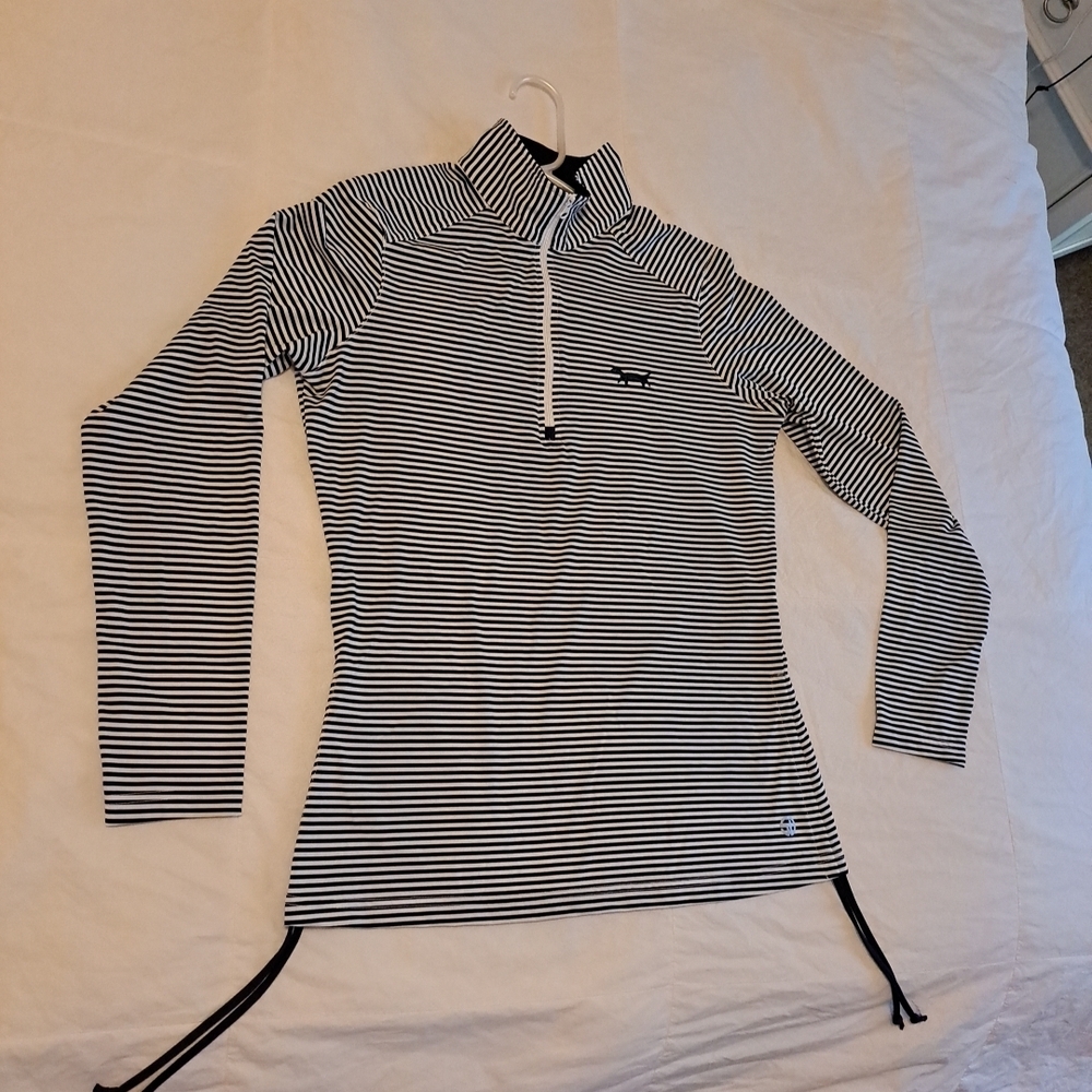 Straight Down 1/4 zip Womens M EUC Side Drawstring Black White Stripes